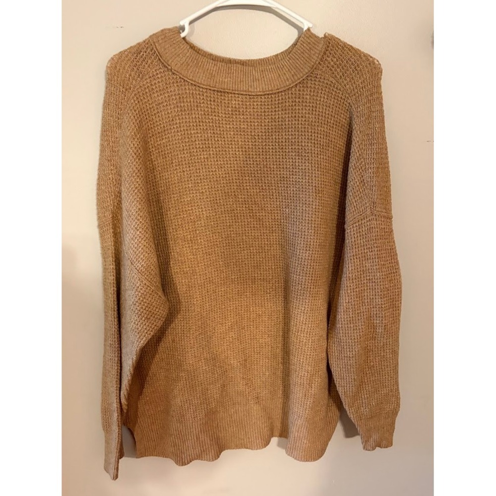 Aerie Waffle Knit Oversized Sweater Tan Brown Crewneck Pullover Womens Small - Picture 4 of 4